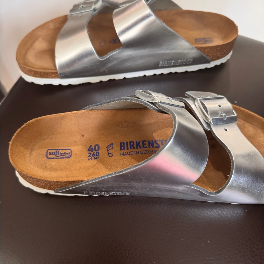 Birkenstock Silver Sandals with Wide Straps and Contoured Footbed